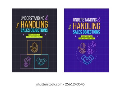 Understanding Sales and Loan Objection Handling cover concepts dark purple banner. Closing Deal. Infographics with editable icons on color background. Isolated typography. Fonts Bebas Neue and PT Mono