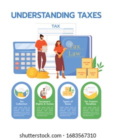 Understanding taxes flat color vector informational infographic template. Taxation poster, booklet, PPT page concept design with cartoon characters. Advertising flyer, leaflet, info banner idea