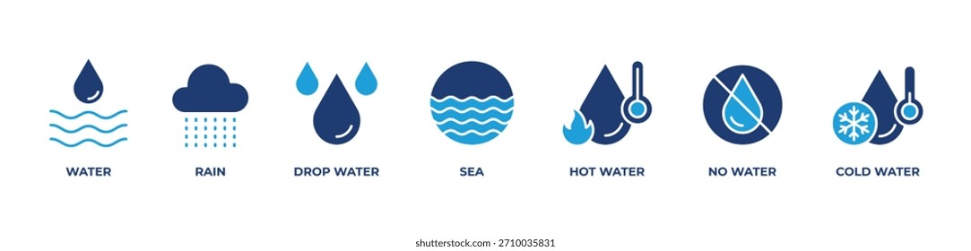 Conjunto de iconos de agua Ilustración vectorial azul con agua, lluvia, agua de la gota, mar, caliente, sin agua, frío 