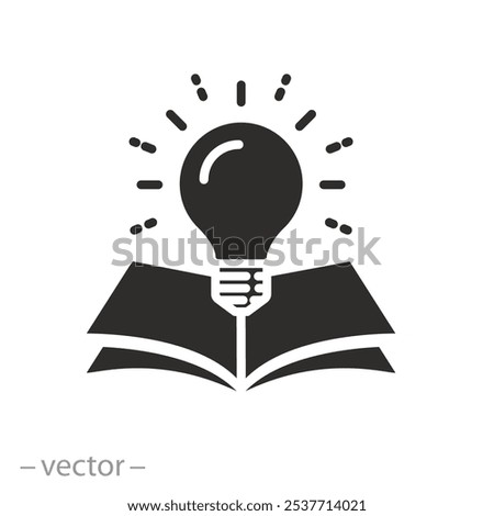 understanding wisdom in study, open book with lightbulb, concept new knowledge, creative idea, flat vector illustration