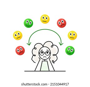 understanding your emotions, mood swings control, cute little teenage girl having a mood changing rapidly, emotional roller, simple doodle illustration with green yellow and red emojies