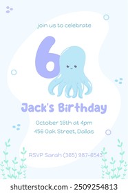 Under-the-sea adventure birthday invite. Playful sixth birthday card with a happy blue octopus in a soft blue and purple palette