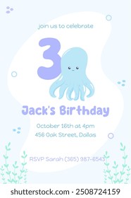 Under-the-sea third birthday invite for kids. Cute flat design with a happy blue octopus in soft blue and purple tones.