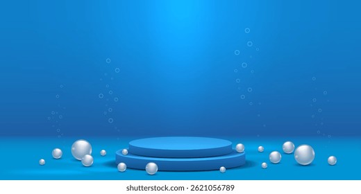 Underwater 3D podium with scattered pearls and air bubbles.