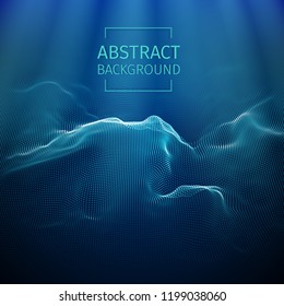 Underwater abstract background. Deep ocean effect. Blue sea illustration. Marine concept. Water waves energy. 3D futuristic structure. Dots connection on the blue background. Colorful backdrop. Vector