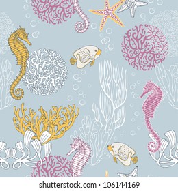 Underwater abstract background, sea theme fashion seamless pattern, beautiful vector wallpaper, exotic fabric, blue wrapping with seahorse and corals ornaments, summer, paradise theme for design