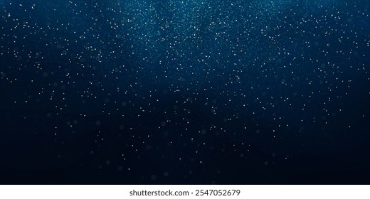 Underwater abstract bg with glowing plankton, overlay effects and bokeh. Dark blue gradient background and photofluorescent particles and microorganisms.