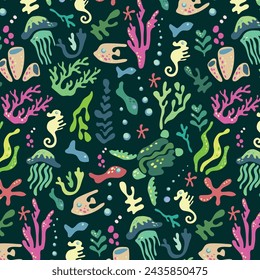 Underwater Abstract green pattern with sea turtles, jellyfish, fish, algae and coral. Undersea world. Vector pattern for fabric, textile, wallpaper, cards.