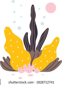 Underwater abstract modern illustration. Ocean bottom, corals reefs, seaweed. Cartoon underwater hand drawing poster.