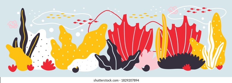 Underwater abstract vector illustration. Ocean bottom, corals reefs, seaweed. Underwater hand drawing poster. All elements are isolated.