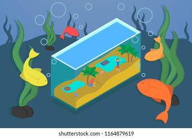 Underwater. Abstract underwater world, fish and aquarium with people. Vector illustration.