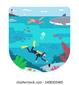 Underwater activities flat vector illustration. Young tourist and diver in swimsuit cartoon characters. Marine adventure, summer vacation. Scuba diving hobby, snorkeling. Shark, life danger