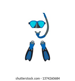 Underwater activity. Set of equipment elements, diving mask, snorkel and flippers.  Vector illustration  isolated on white background