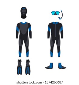 Underwater activity. Set of equipment elements, aqualung, diving mask, snorkel and flippers.  Vector illustration  isolated on white background
