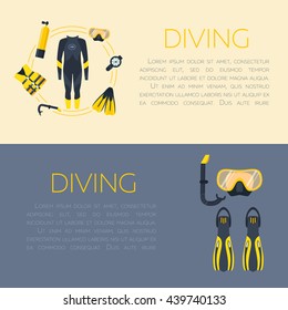 Underwater activity vector illustration. Scuba-diving elements isolated. Marine symbols. Diving equipment: mask, octo, fins, wetsuit, snorkel, tank. Scuba diving and underwater objects.