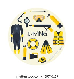 Underwater activity vector illustration. Scuba-diving elements in circle isolated. Marine symbols. Diving equipment: mask, octo, fins, wetsuit, snorkel, tank. Scuba diving and underwater objects.