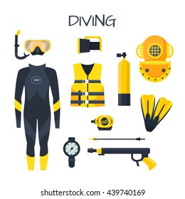 Underwater activity vector illustration. Scuba-diving elements isolated. Marine symbols. Diving equipment: mask, octo, fins, wetsuit, snorkel, tank, lantern. Scuba diving and underwater objects.