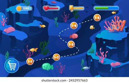 An underwater adventure game map. Vector illustration set featuring levels, paths, aquatic creatures, and colorful coral environments.