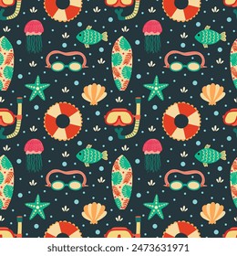 Underwater Adventure and Sea Creatures on Marine Blue Seamless Pattern Design