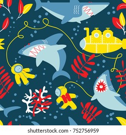 Underwater adventure seamless pattern with sharks, submarine and divers. Animal and nature wallpaper. Marine wildlife flat style background. 