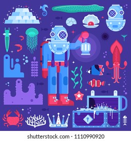 Underwater Adventure Set With Retro Diver, Sea Creatures And Water Treasures. Deep Diving And Sea Exploration Icons Including Gold Chest, Aqualanger And Exotic Seabed Creatures.