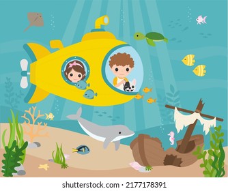 Underwater adventure with a yellow submarine. Boy with dog and girl are looking at the underwater fish, dolphin and stingray