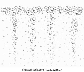 Underwater air bubbles background. Fizzy drink, carbonated water, soda, lemonade, champagne, beer, sparkling wine. Water stream in ocean, sea or aquarium. Vector realistic illustration.