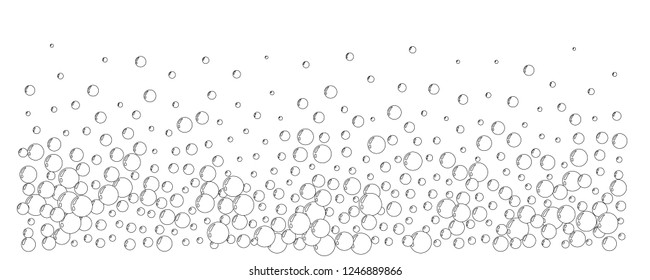 Underwater air bubbles  decoration elements. Fizzy water or soap foam texture. Vector isolated outline design element. Horizontal border