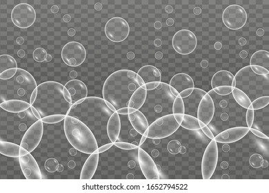 Unterwasserluftblasen fließen auf transparentem Hintergrund. Reflektives Getränk. funkelndes Pop. Champagner. Sparkling Wasser. Unterwasser-Vektorillustration-Textur.