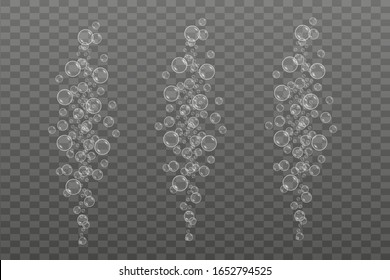 Underwater air bubbles flow on a transparent background. Reflective drink. Sparkling Pop. Champagne. Sparkling water. Underwater vector texture.