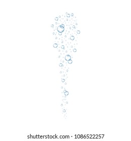 Underwater air bubbles flow. Realistic fizzing oxygen bubbles under water. Fizzy drink or champagne gas isolated on white background. Vector.