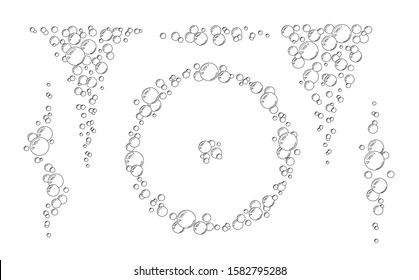 Underwater air bubbles.  Set of decorative elements. Texture of the sea, aquarium, pond. Fizzy water or soap foam texture. Effervescent drink.   Isolated contour. Vector illustration