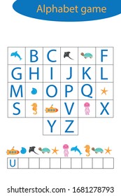 Underwater alphabet game for children, make a word, preschool worksheet activity for kids, educational spelling scramble game for the development of children, vector illustration