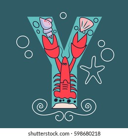 Underwater alphabet: sea doodle elements like lobster, seashells, sea star. Cute children illustration. The letter Y