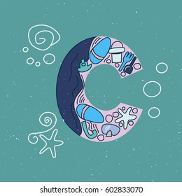 Underwater alphabet: sea doodle elements like sea, flip-flops, sea star. Cute children illustration. The letter C