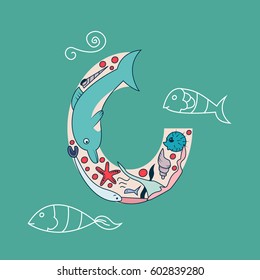 Underwater alphabet: sea doodle elements like dolphin, fishes, seaweed and sea star. Cute children illustration. The letter E