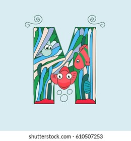 Underwater alphabet: sea doodle elements like topical clown fishes in reef. Cute children illustration. The letter M