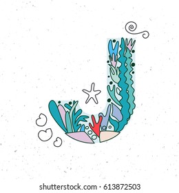 Underwater alphabet: sea doodle elements like seaweeds and sea star. Cute children illustration. The letter J