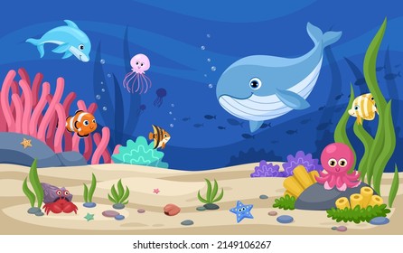 Underwater animal background. Aquatic animals, cartoon sea world landscape. Water aquarium with whale, fish, seaweed. Garish tropical marine life vector scene