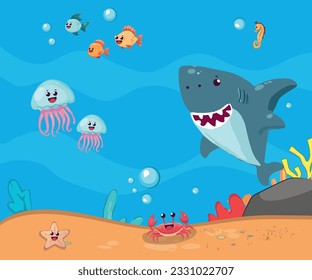 Fondo animal submarino. Animales acuáticos, dibujos animados sobre los fondos marinos. Acuario acuático con tiburón, pescado y algas. Escena vectorial de la vida marina tropical en grito.