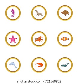 Underwater animal icons set. Cartoon style set of 9 underwater animal vector icons for web design