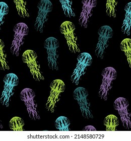 Underwater animal illustration. Hand drawn realistic medusa .  Night galaxy mix with watercolor jelly fishes in bright style vivid blue purple violet isolated on dark background