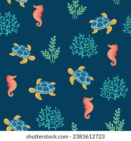 Underwater animal seamless pattern with hand drawn turtle and seahorse