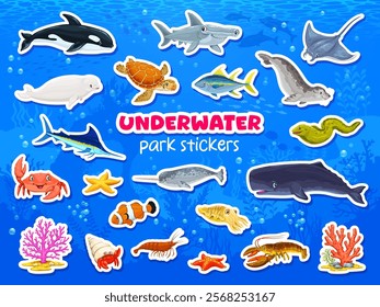 Underwater animal stickers of cartoon undersea park fishes, vector icons. Underwater funny characters stickers of shark and starfish with squid and stingray or whale and shrimp in coral reef