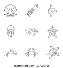 Underwater animal stickers icons set. Outline set of 9 underwater animal stickers vector icons for web isolated on white background