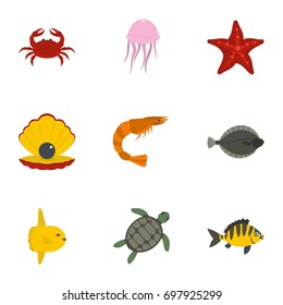 Underwater animal stickers icons set. Flat set of 9 underwater animal stickers vector icons for web isolated on white background