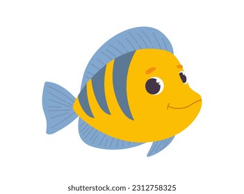 Concepto de pescado amarillo animal submarino. Representante del mundo submarino, fauna y vida silvestre, biología. Afiche o cartel para el sitio web. Dibujo vectorial plano de dibujos animados aislado en fondo blanco