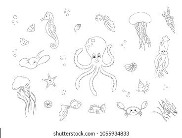 Underwater animals cartoon world. Contour. Children's painting book.
