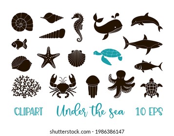 Underwater animals clipart -silhouettes of seashells, turtles, fish, and more