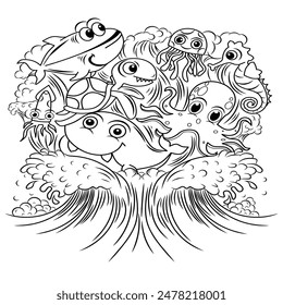 Underwater animals collection in doodlestyle